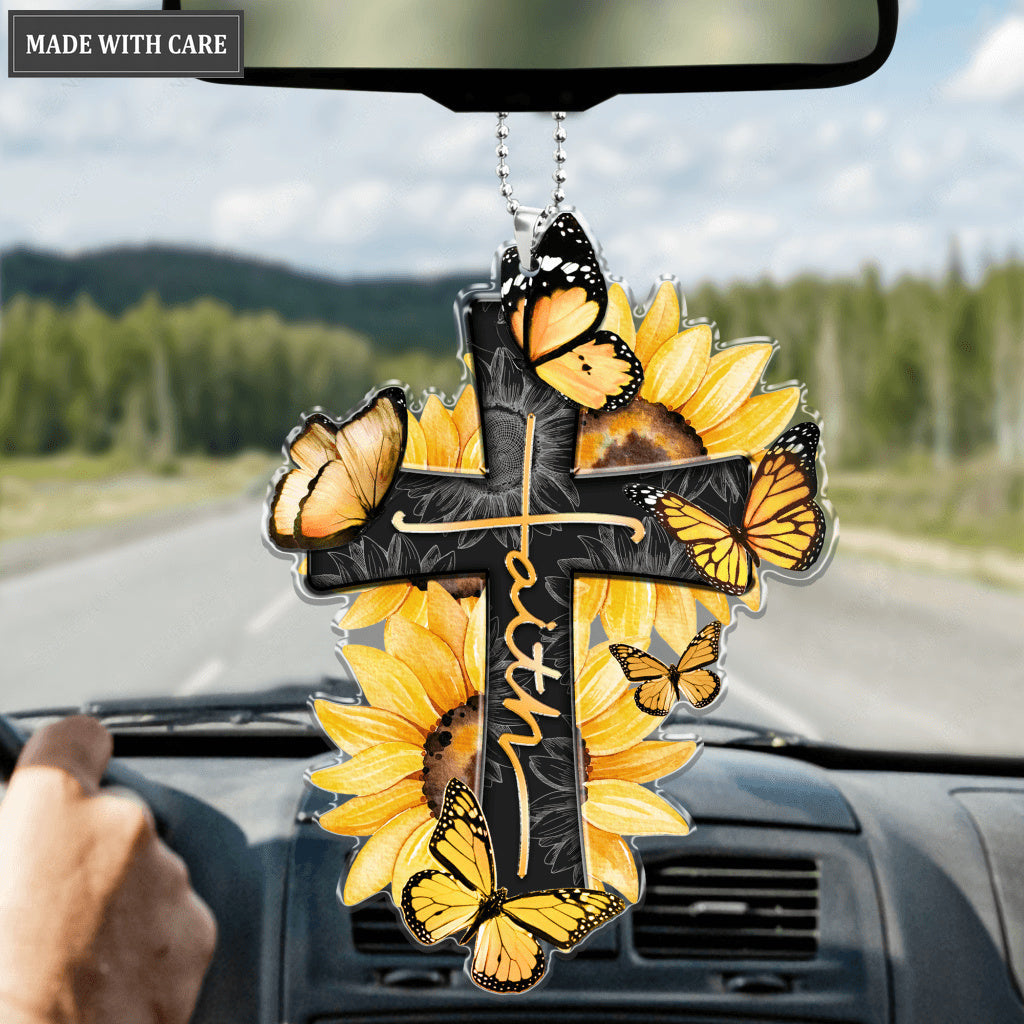 Faith Cross Butterfly Sunflowers Yellow Ornament