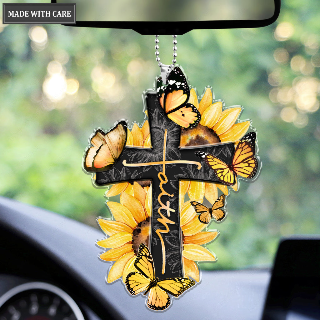 Faith Cross Butterfly Sunflowers Yellow Ornament