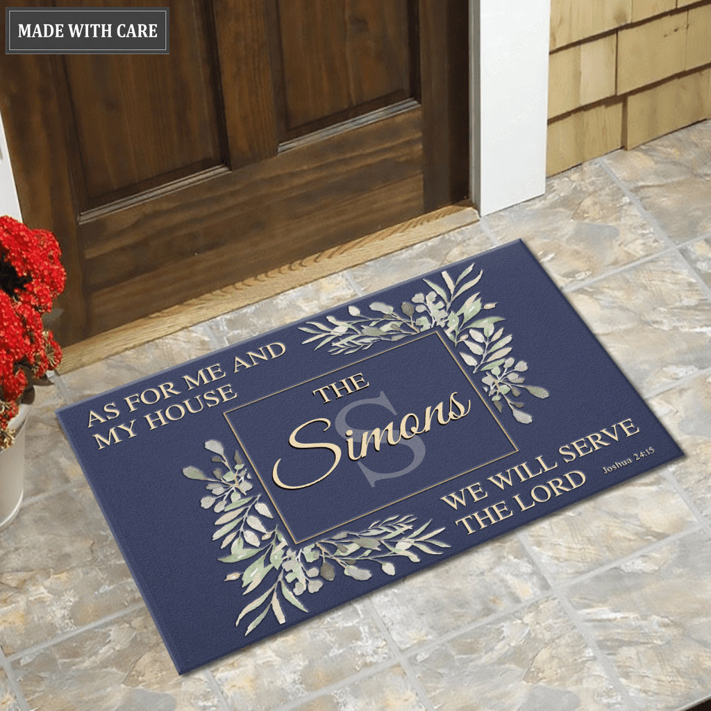 Greenery Floral Navy Blue Serve The Lord Personalized Doormat