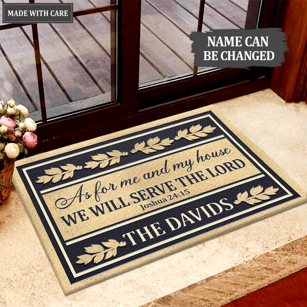 Personalized Gold Navy Serve The Lord Elegant Family Home Doormat