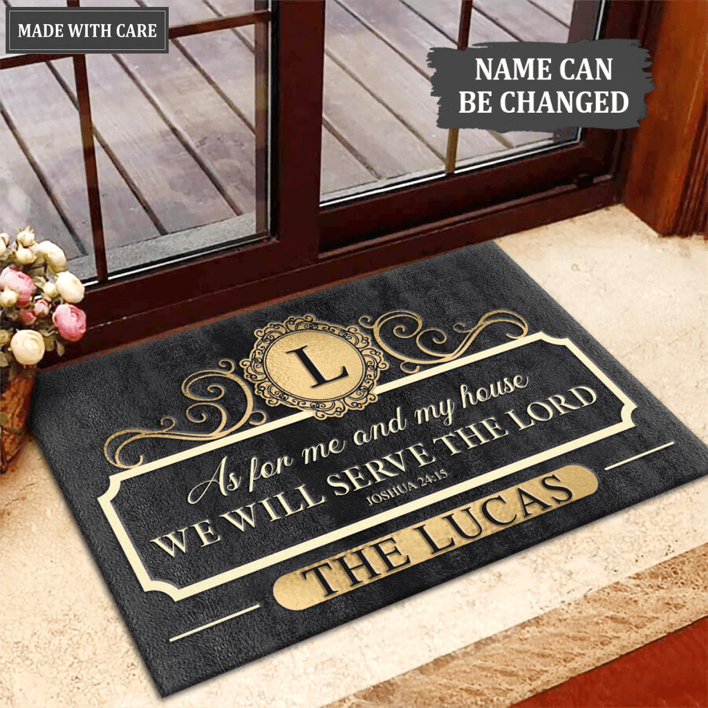 Charcoal Gold Family Home Serve The Lord Personalized Doormat