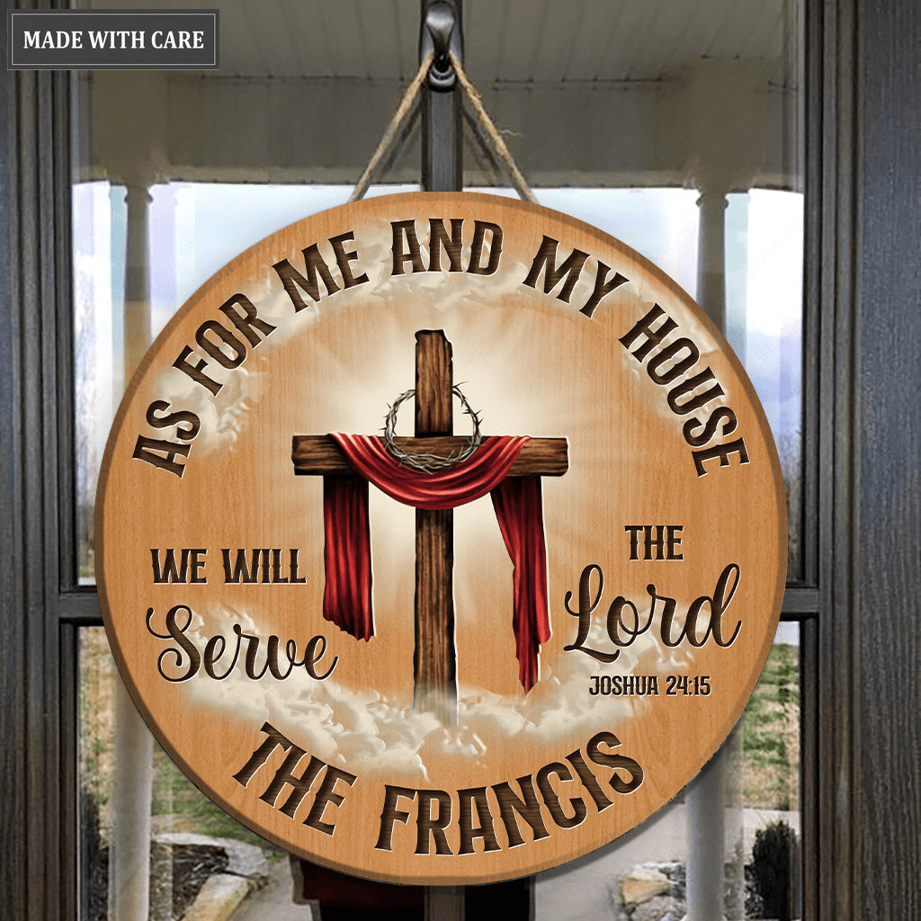 Cross With Scarf Serve The Lord Personalized Wood Circle Sign