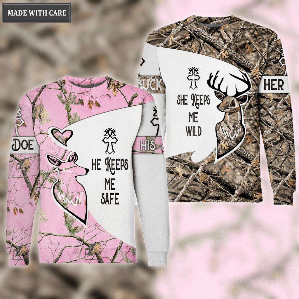He Keeps Me Safe She Keeps Me Wild Couple Deer Hoodie