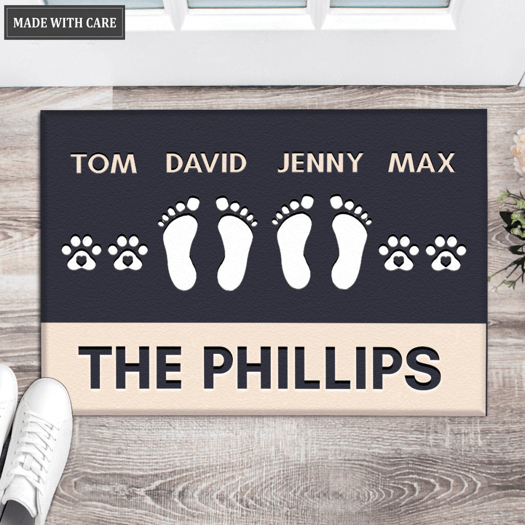 Personalized Footprint Family and Pet Name Navy Doormat