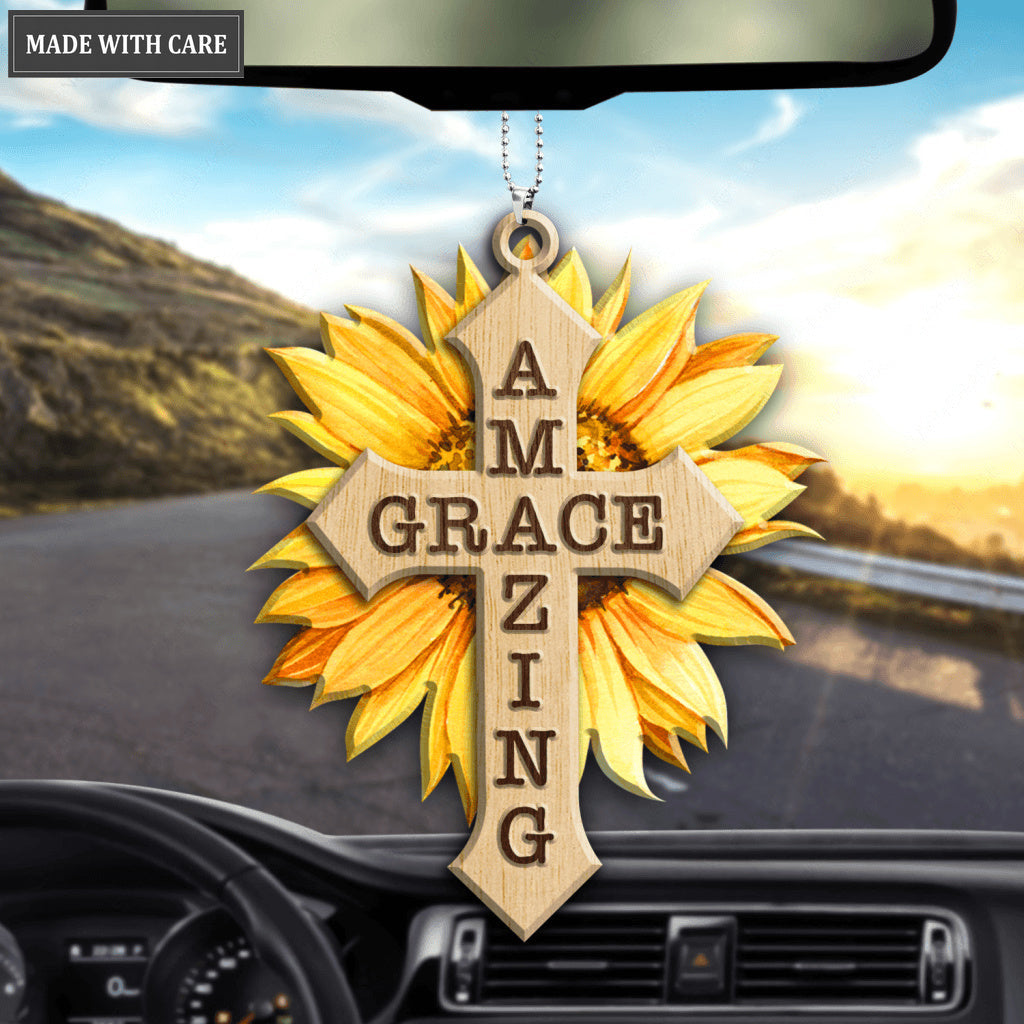 Sunflower Amazing Grace God Jesus Cross Christian Lover Wood Engraved Ornaments
