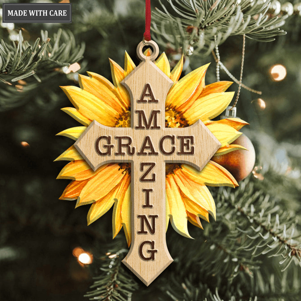 Sunflower Amazing Grace God Jesus Cross Christian Lover Wood Engraved Ornaments