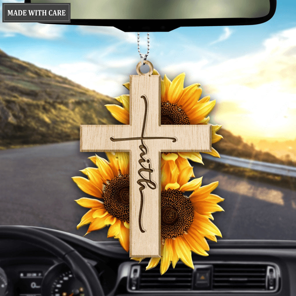 Sunflower Cross Faith Wood Engraved Ornaments