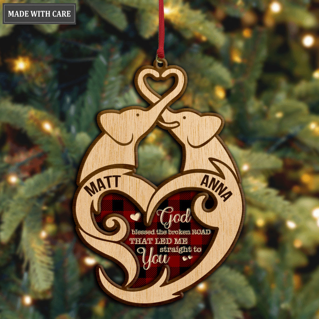 Tartan Elephant Couple God Blessed Personalized Wood Engraved Ornaments