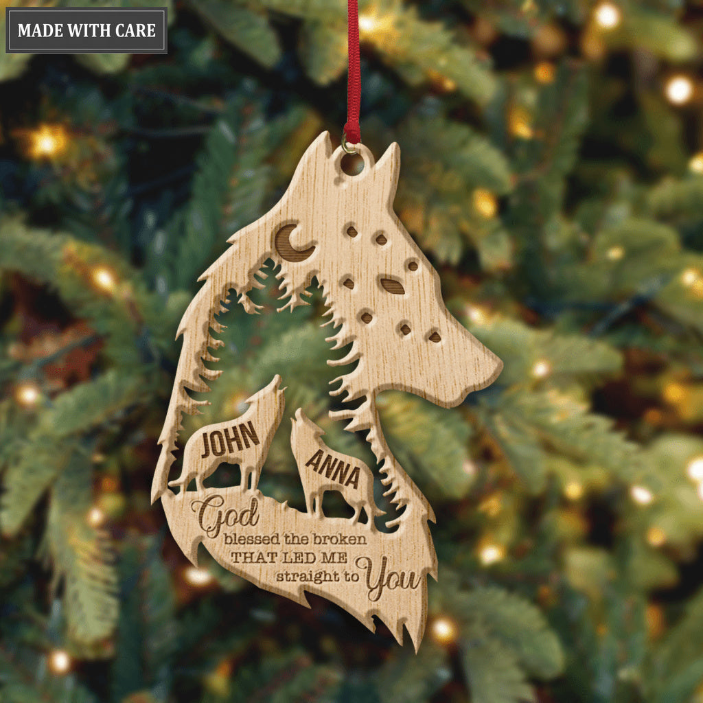 Wolf Couple Night In Forest Personalized Wood Engraved Ornaments