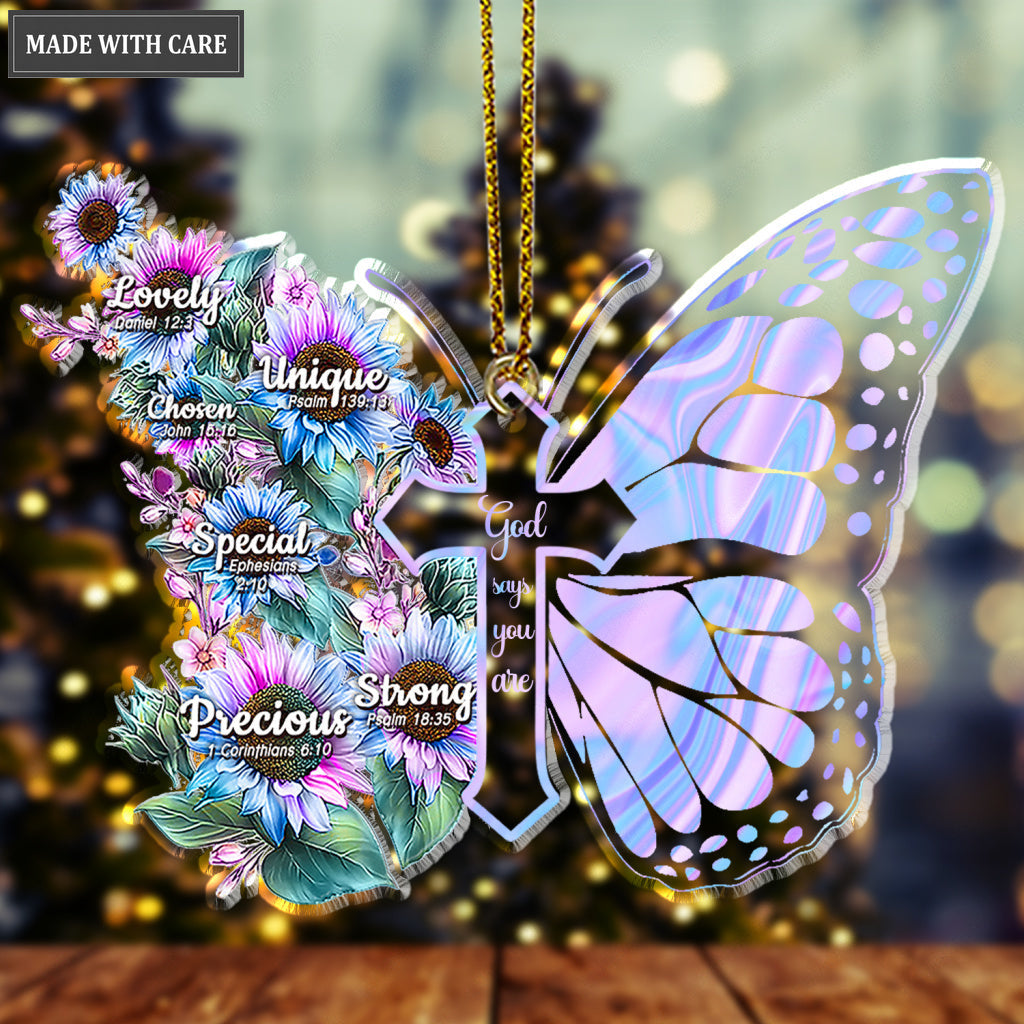 Blue Pink Hologram Butterfly Sunflowers God Says You Are Shaped Transparent Ornament