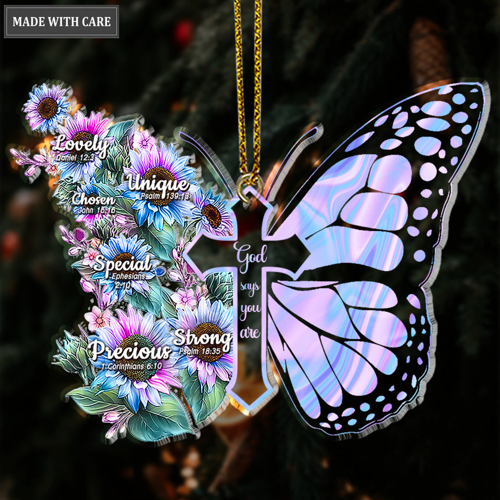 Blue Pink Hologram Butterfly Sunflowers God Says You Are Shaped Transparent Ornament