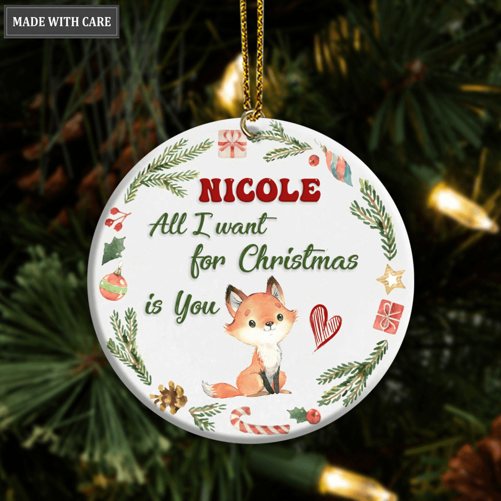 Christmas Frame Little Fox All I Want For Christmas Is You Baby Name Personalized Ornament