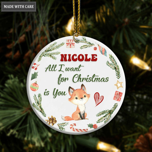 Christmas Frame Little Fox All I Want For Christmas Is You Baby Name Personalized Ornament