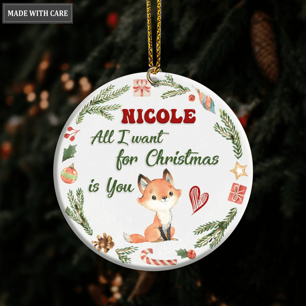 Christmas Frame Little Fox All I Want For Christmas Is You Baby Name Personalized Ornament