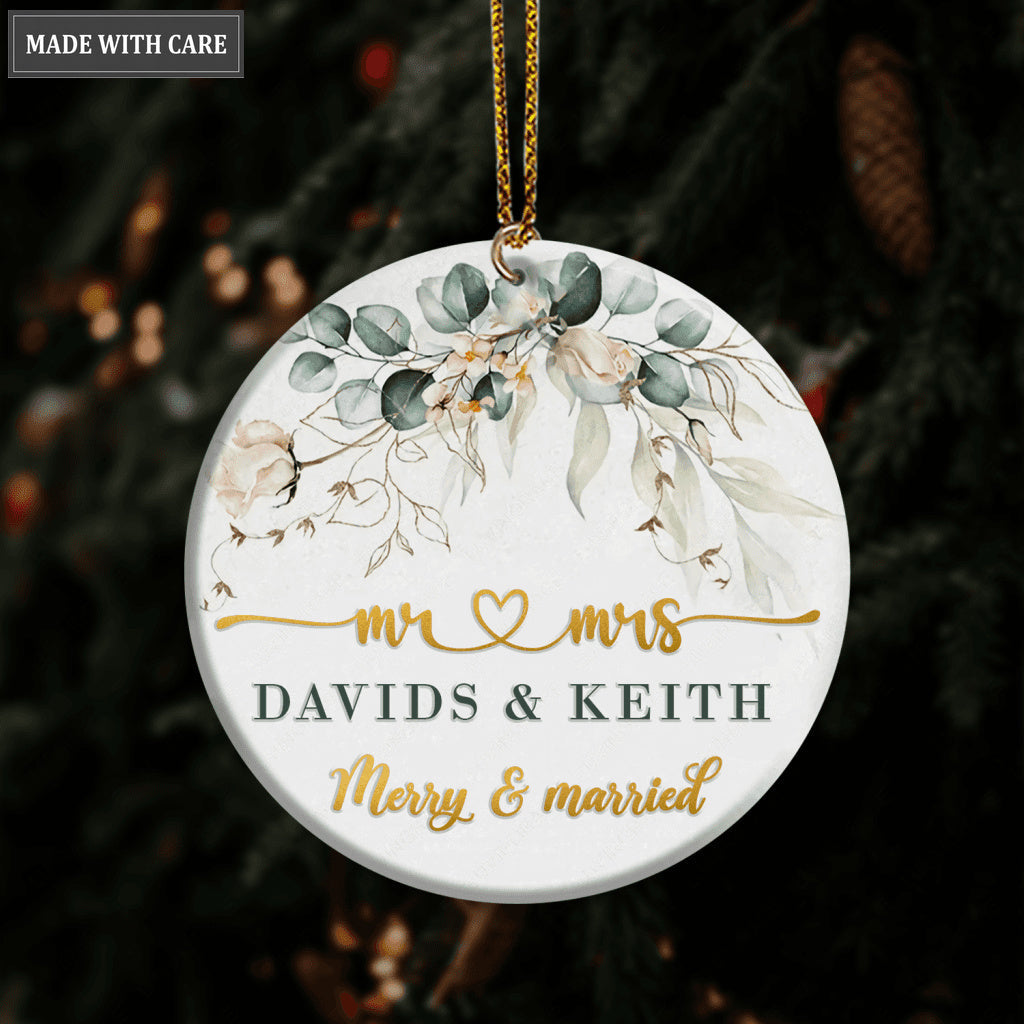 Christmas Vintage Golden Floral Frame Merry And Married Personalized Ornament