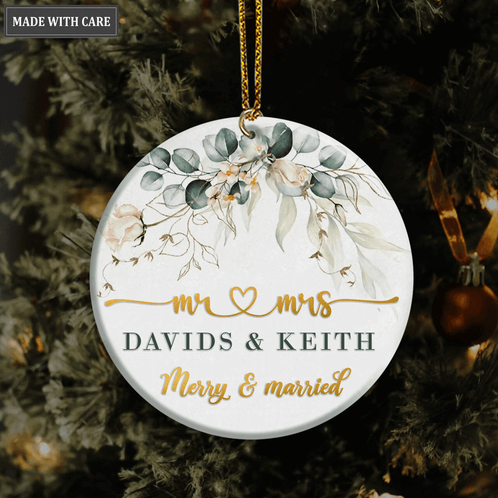 Christmas Vintage Golden Floral Frame Merry And Married Personalized Ornament