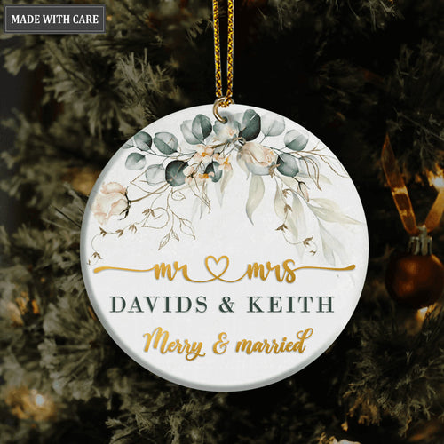 Christmas Vintage Golden Floral Frame Merry And Married Personalized Ornament