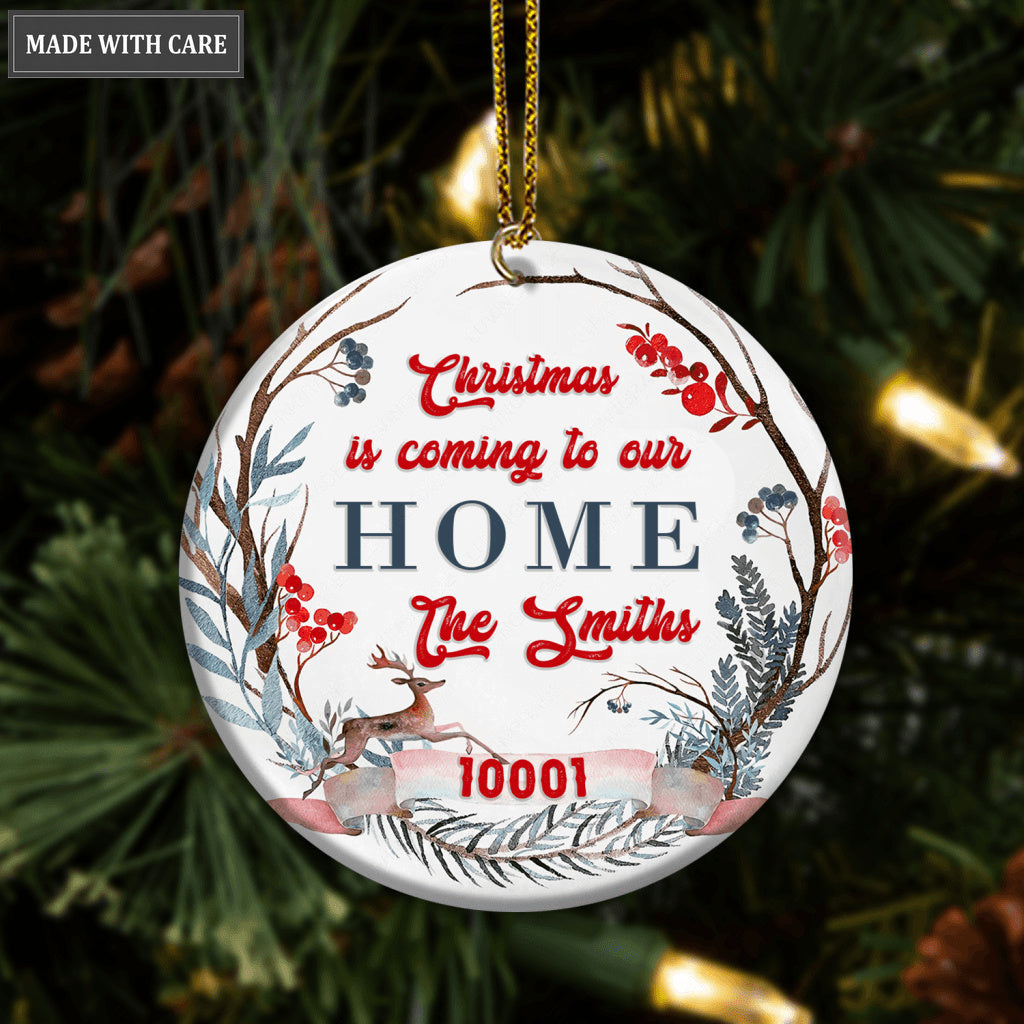 Forest Floral Frame Deer Christmas Is Coming To Our Home Personalized Ornament