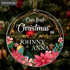 Poinsettia Golden Frame Our First Christmas Couple Personalized Shaped Transparent Ornament