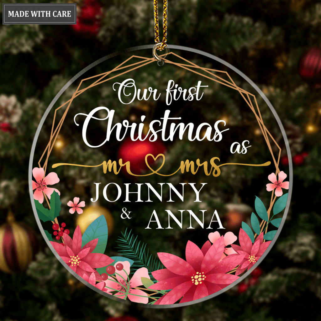 Poinsettia Golden Frame Our First Christmas Couple Personalized Shaped Transparent Ornament
