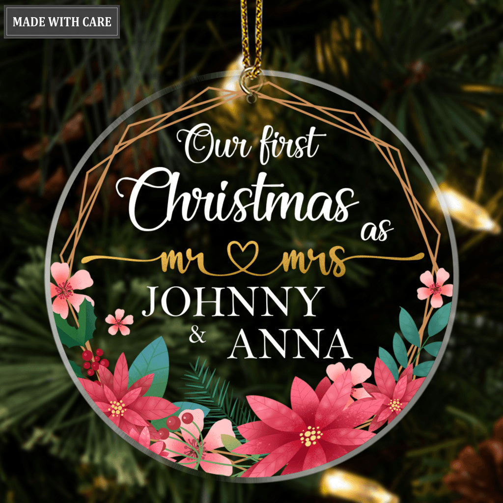 Poinsettia Golden Frame Our First Christmas Couple Personalized Shaped Transparent Ornament