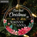 Poinsettia Golden Frame Our First Christmas Couple Personalized Shaped Transparent Ornament