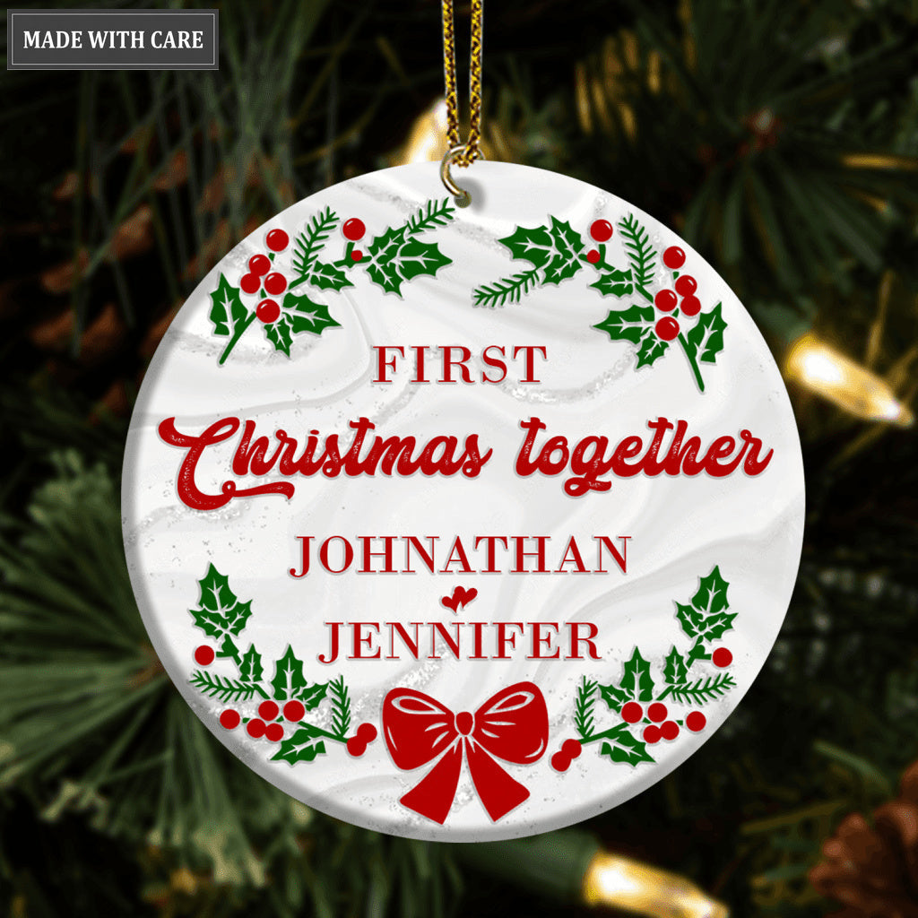 Red Green Poinsettia Floral First Christmas Together Couple Personalized Ornament