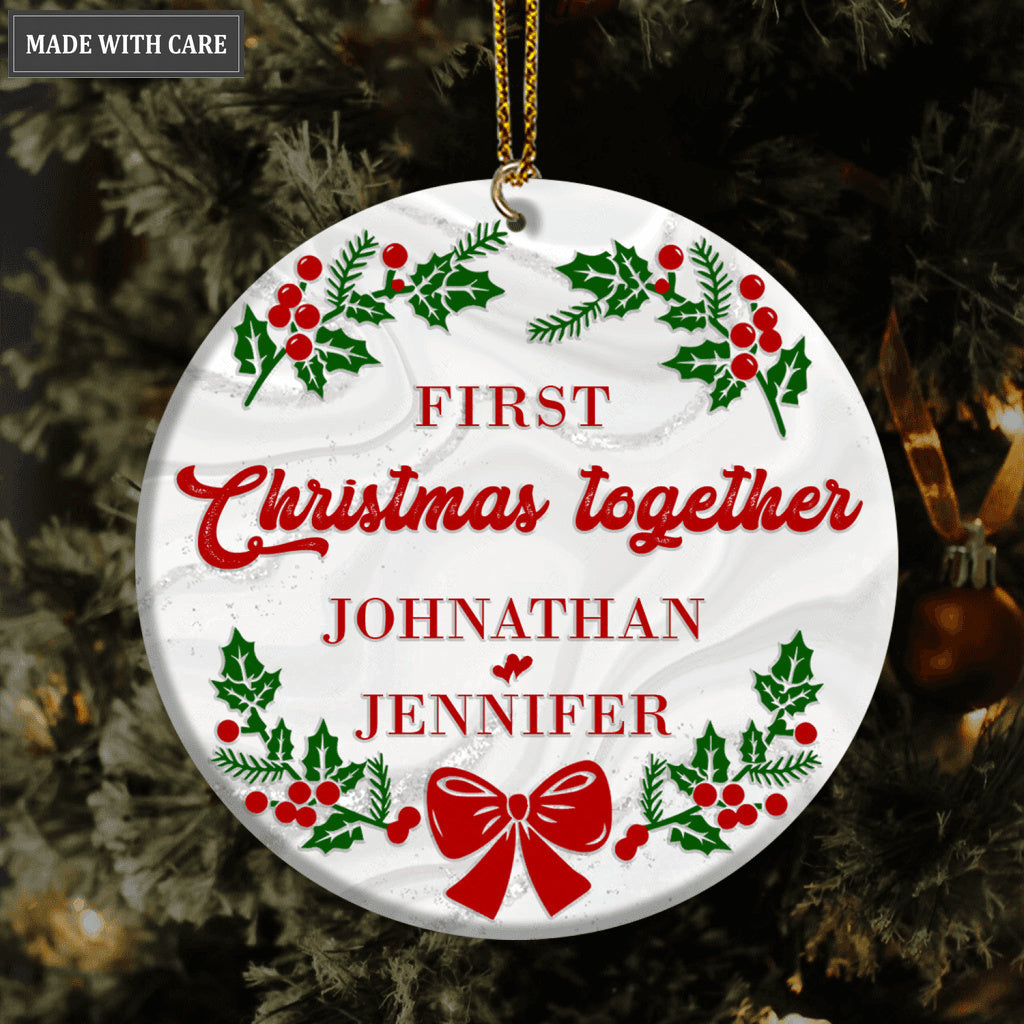 Red Green Poinsettia Floral First Christmas Together Couple Personalized Ornament