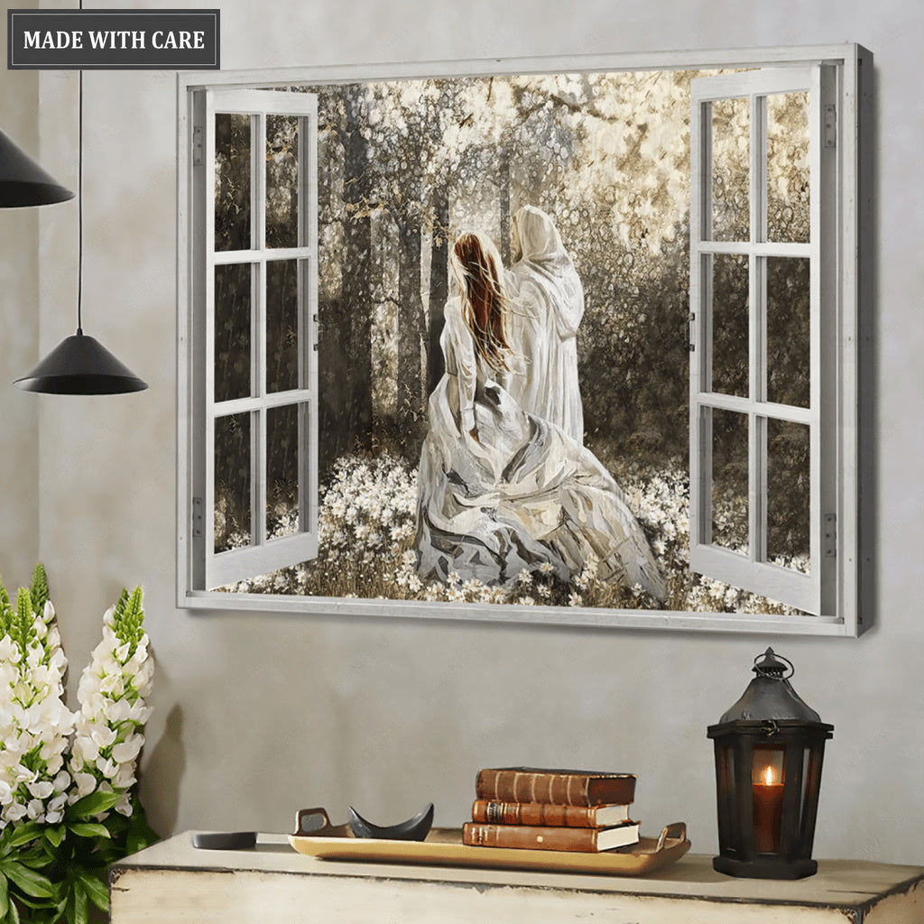 Jesus Walking In The Forest Window Frame Wall Art