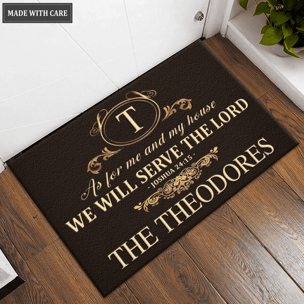 Gold Vintage Monogram Family Home Serve The Lord Personalized Doormat