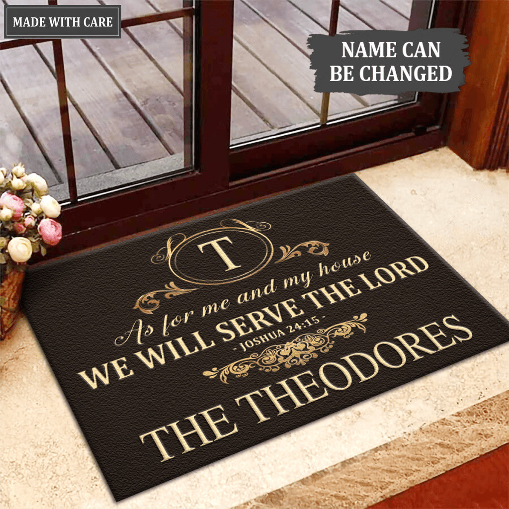 Gold Vintage Monogram Family Home Serve The Lord Personalized Doormat