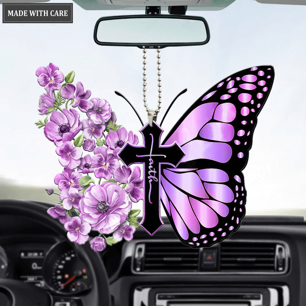 Pansies Butterfly Faith Cross Ornament