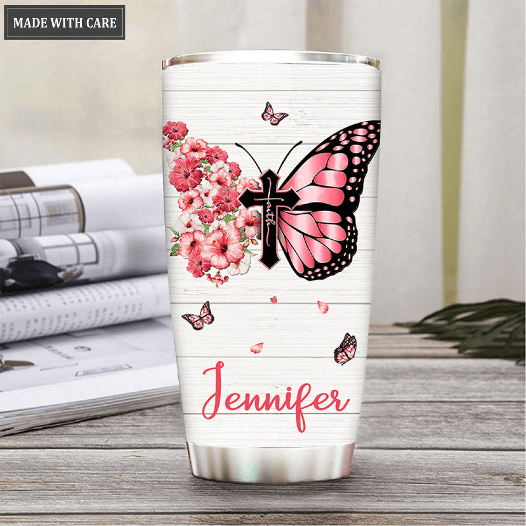 Personalized Hibiscus Butterfly Cross By Glory Tumbler