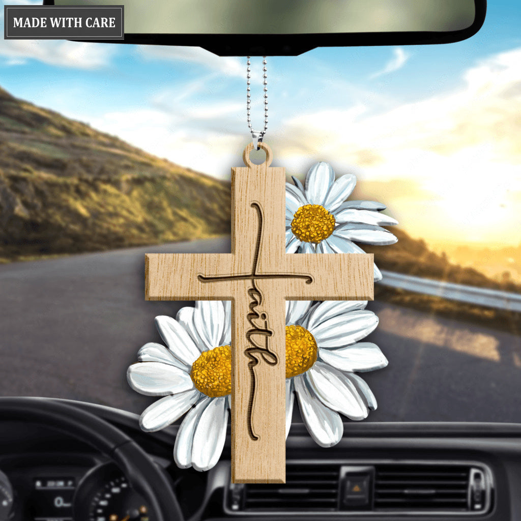 Faith Daisy Flowers Cross God Jesus Christian Lover Wood Engraved Ornaments
