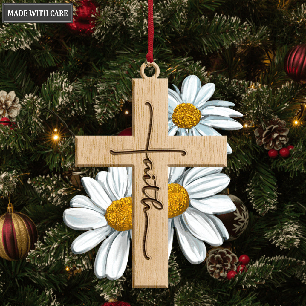 Faith Daisy Flowers Cross God Jesus Christian Lover Wood Engraved Ornaments