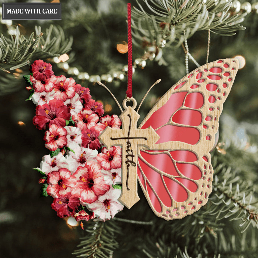 Faith Pink Hibiscus Butterfly God Jesus Cross Christian Lover Wood Engraved Ornaments