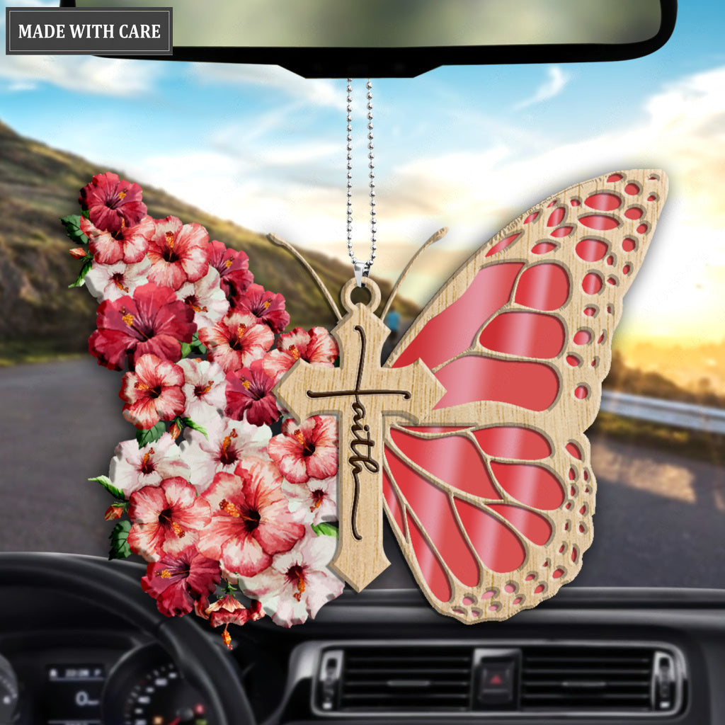 Faith Pink Hibiscus Butterfly God Jesus Cross Christian Lover Wood Engraved Ornaments