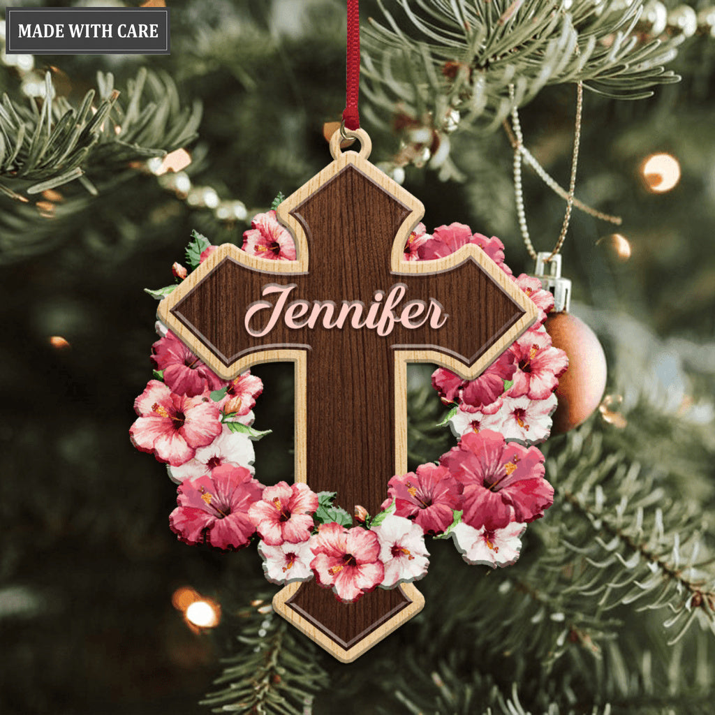 Pink Hibiscus Cross Personalized Wood Engraved Ornaments
