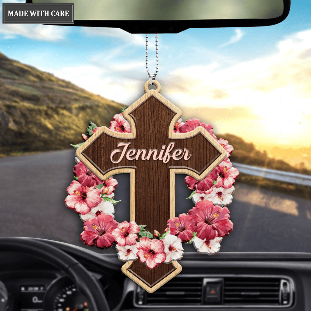 Pink Hibiscus Cross Personalized Wood Engraved Ornaments