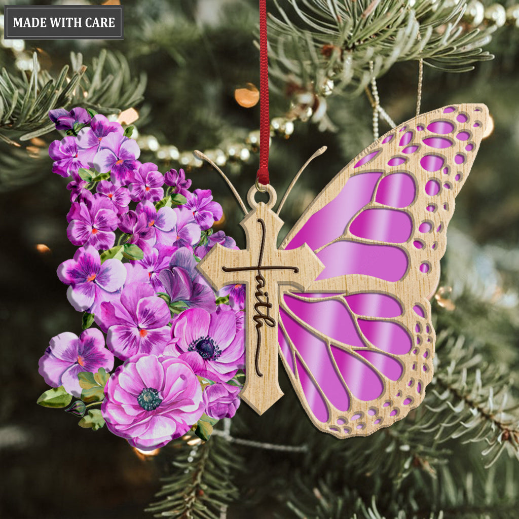 Purple Pansies Butterfly Wood Engraved Ornaments