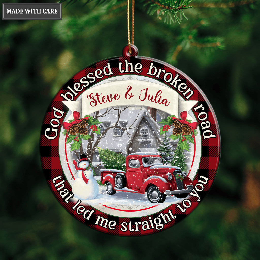 Personalized Red Truck In Winter Blessed The Broken Road Ornament
