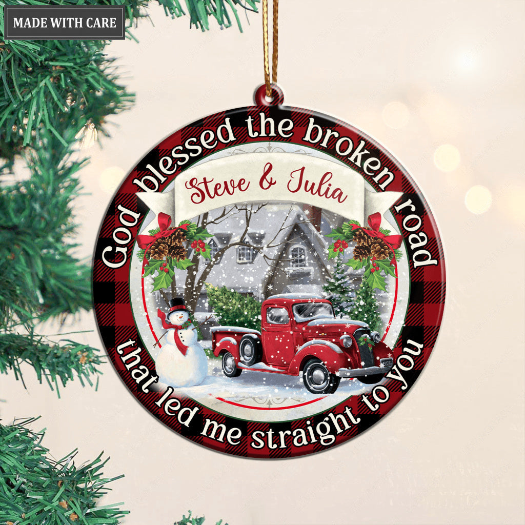 Personalized Red Truck In Winter Blessed The Broken Road Ornament