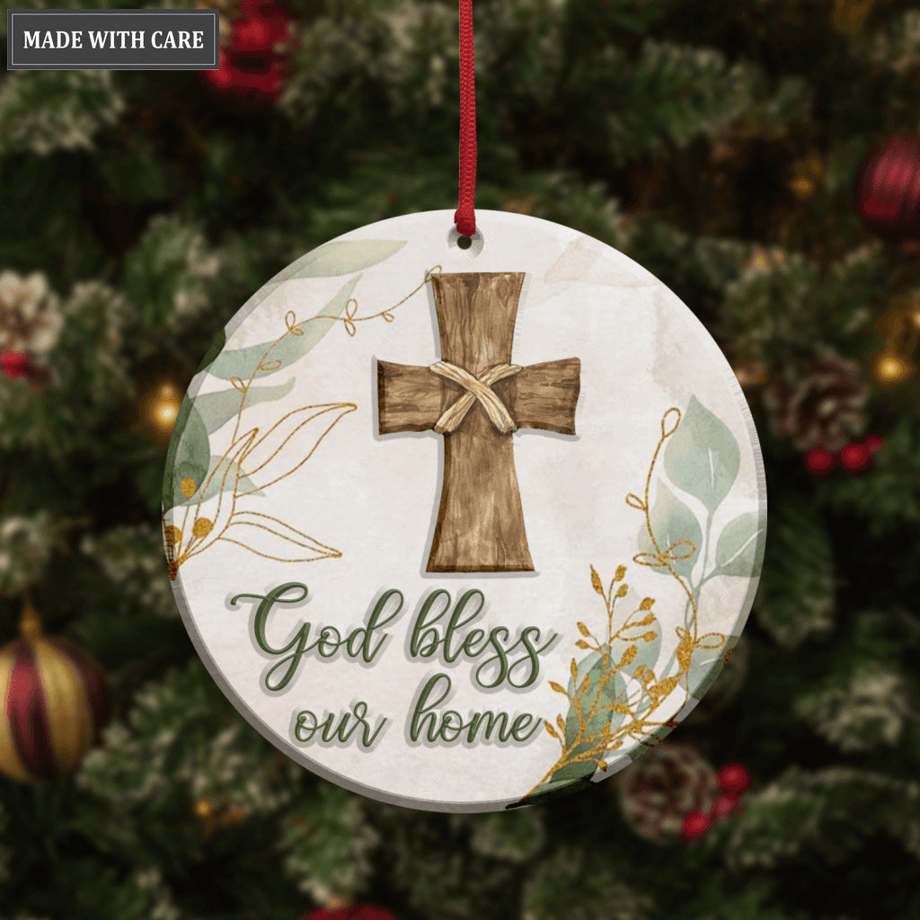 Vintage Christmas Floral Cross God Bless Our Home Ornament