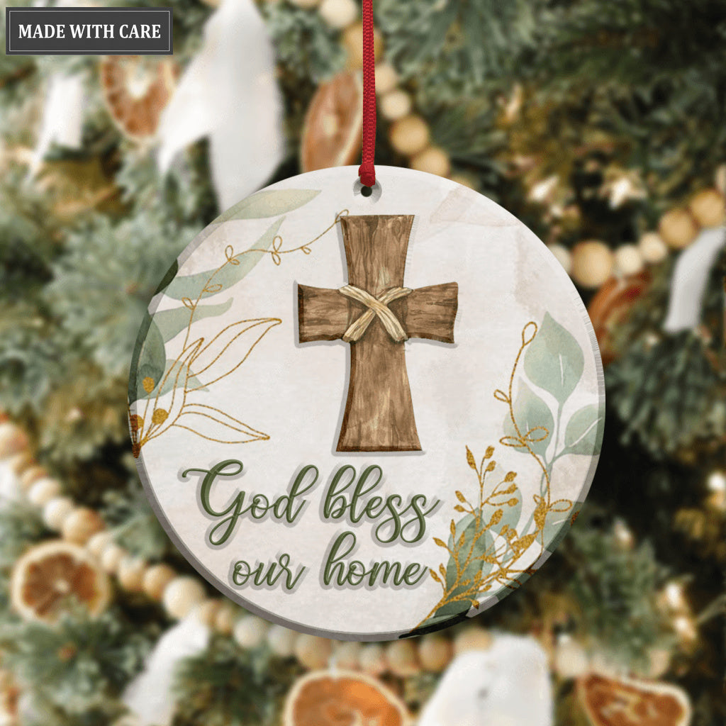 Vintage Christmas Floral Cross God Bless Our Home Ornament