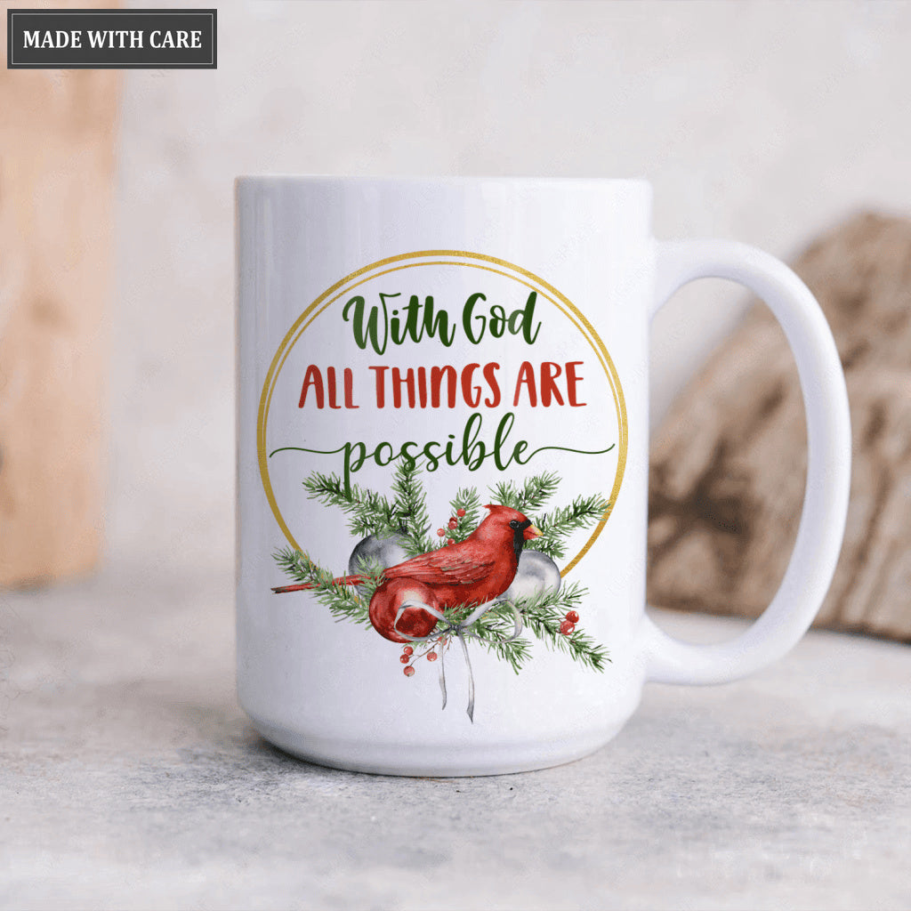 Pine Floral Cardinal With God All Things Are Possible Mug
