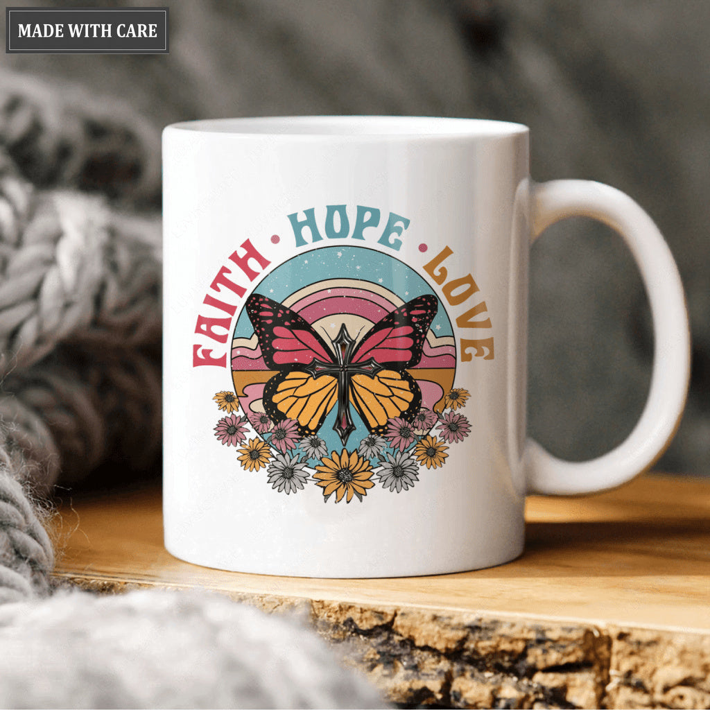 Vintage Hippie Flower Butterfly Cross Faith Hope Love Mug