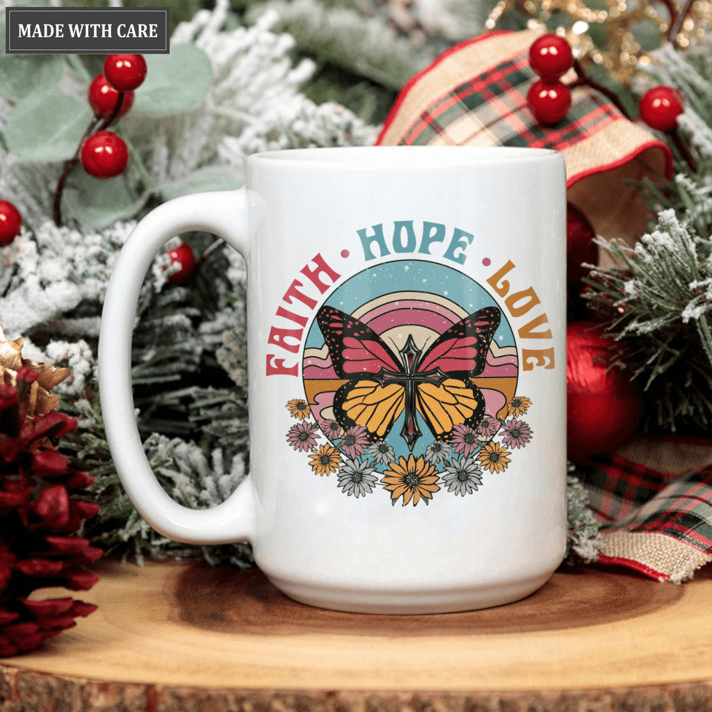 Vintage Hippie Flower Butterfly Cross Faith Hope Love Mug