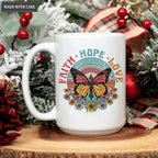 Vintage Hippie Flower Butterfly Cross Faith Hope Love Mug