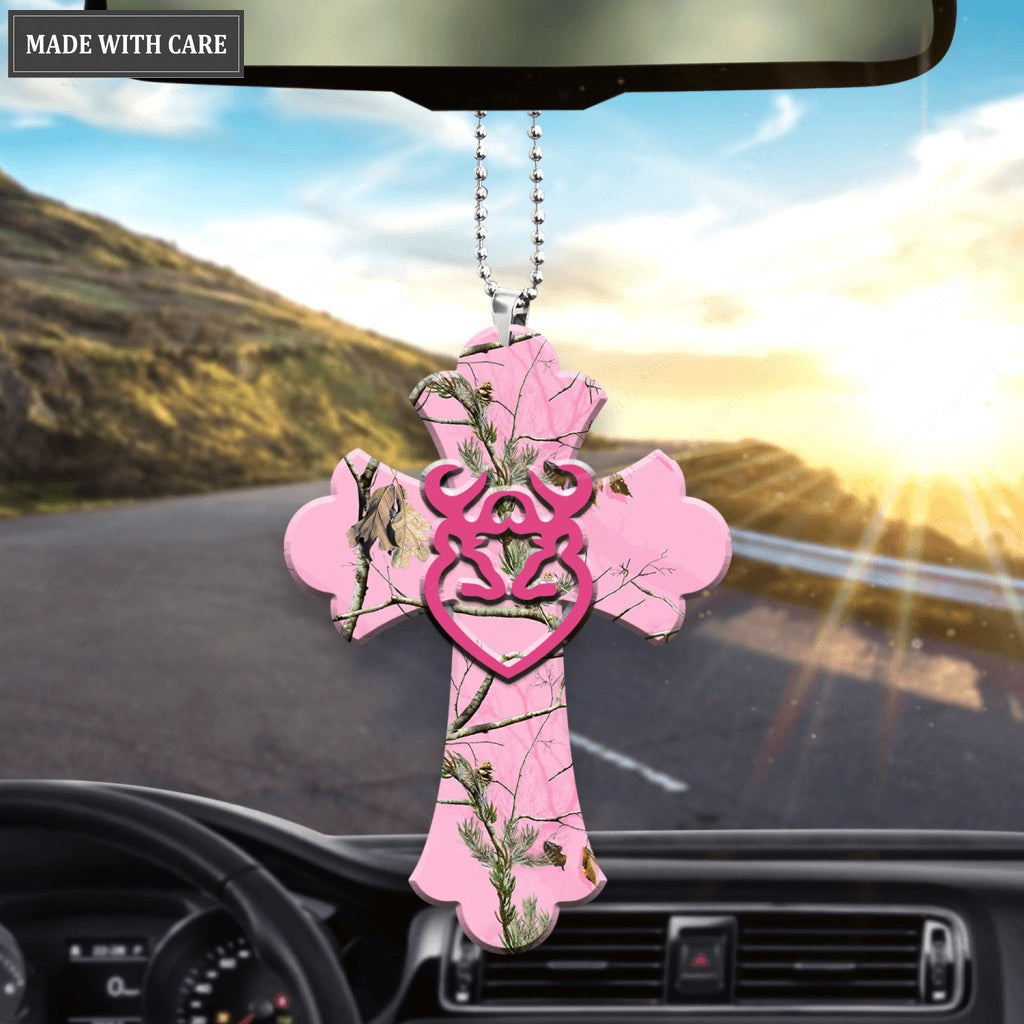 Pink Camo Cross With Heart Buck And Doe Ornament