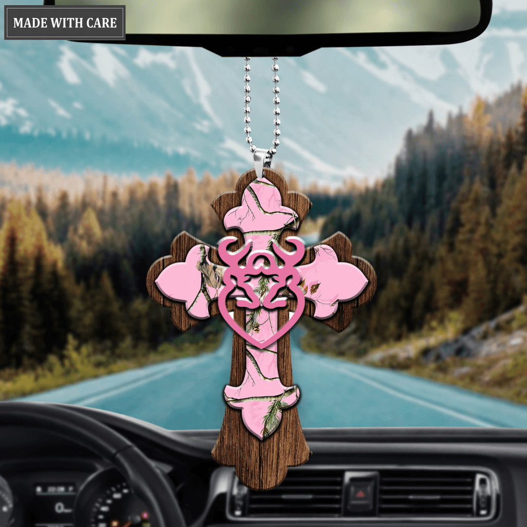 Pink Camo Cross With Large Heart Buck And Doe Ornament